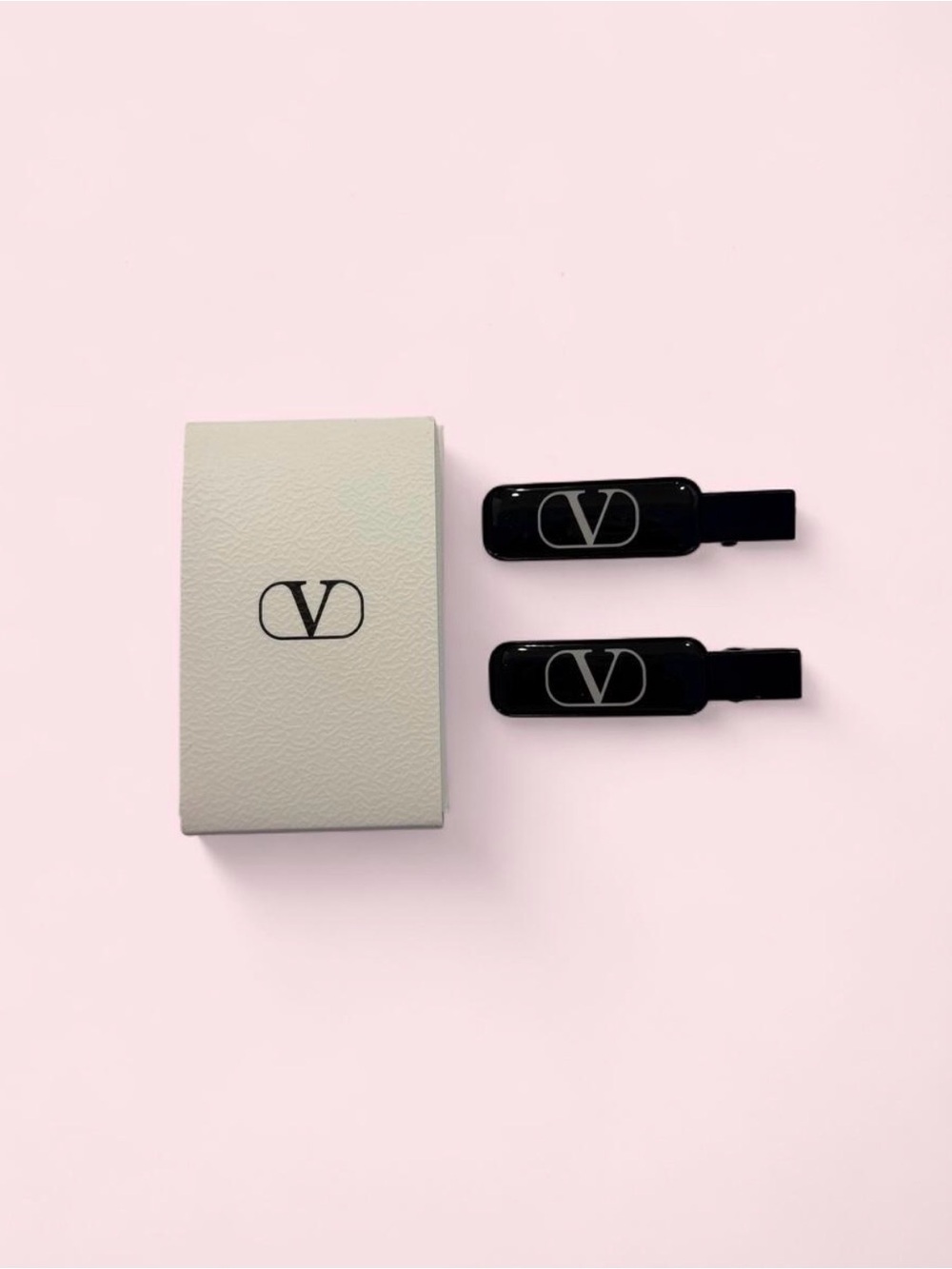 Valentino Black Logo Hair Clips with Ivory Case - Set of 2
